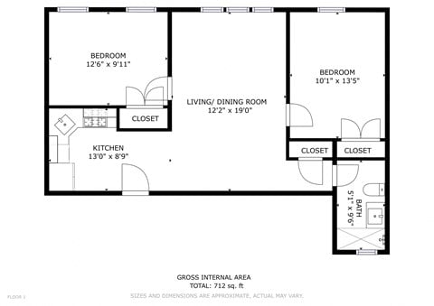 Floor plan for 2 beds, 1 bath, 850 sqft
